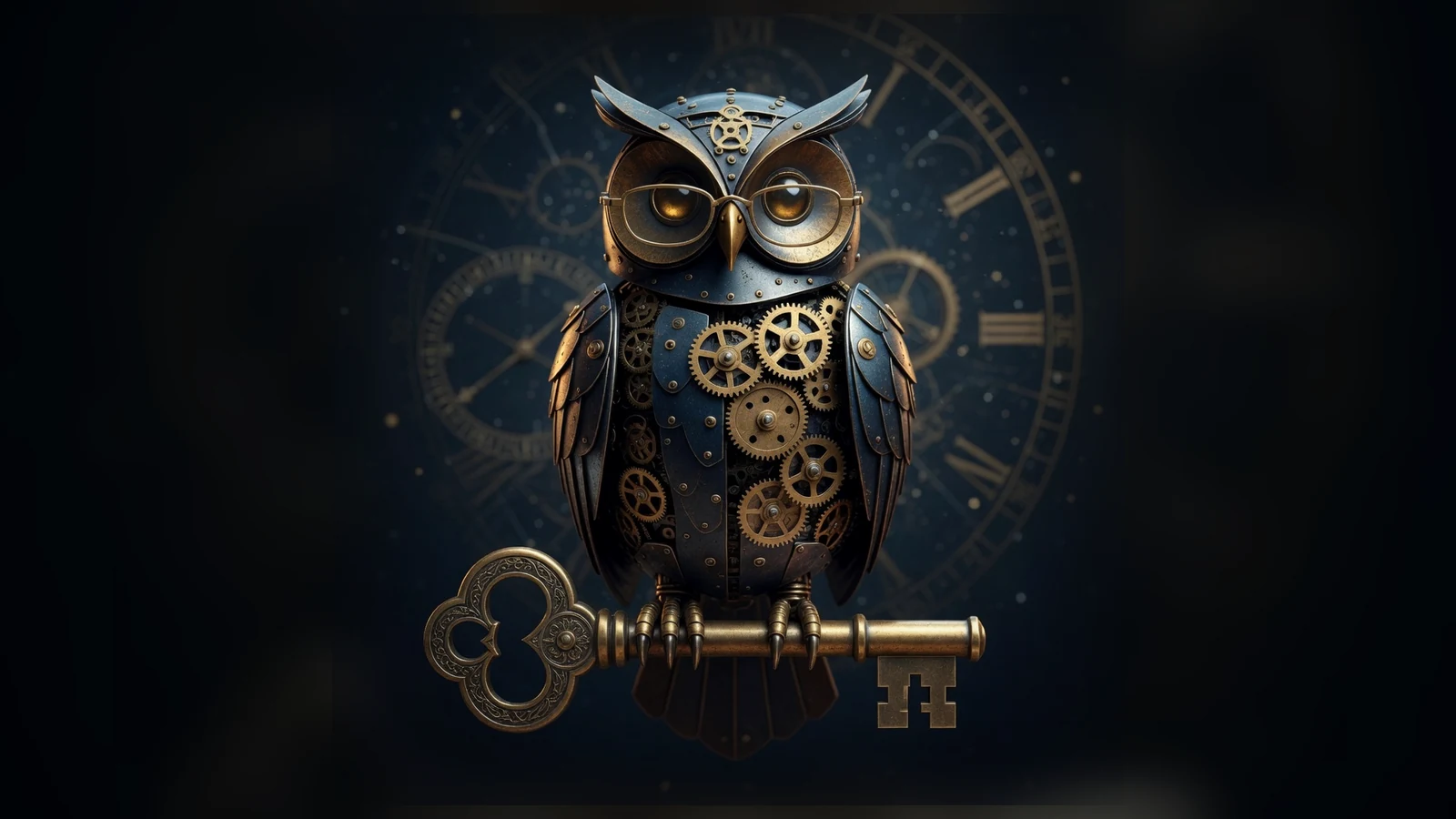 Herman, a spectacled midnight-blue Clockwork Owl with living amber eyes and an open precision-gear chest, perched on an antique brass key in his observatory