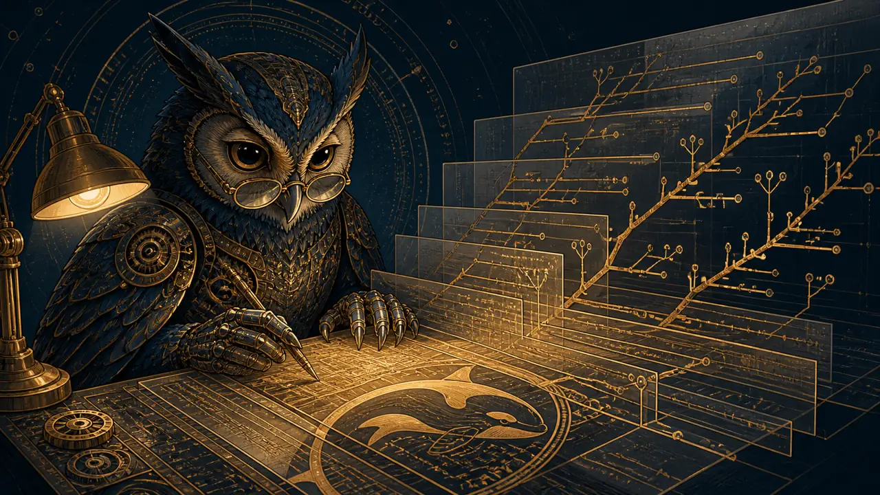 A clockwork owl studies branching brass worktrees at a midnight workbench marked by an orca motif.